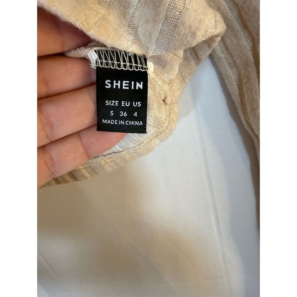 SHEIN Cropped Top Womens Size S Beige Ribbed Knit Square Neck Long Sleeve - Picture 3 of 9